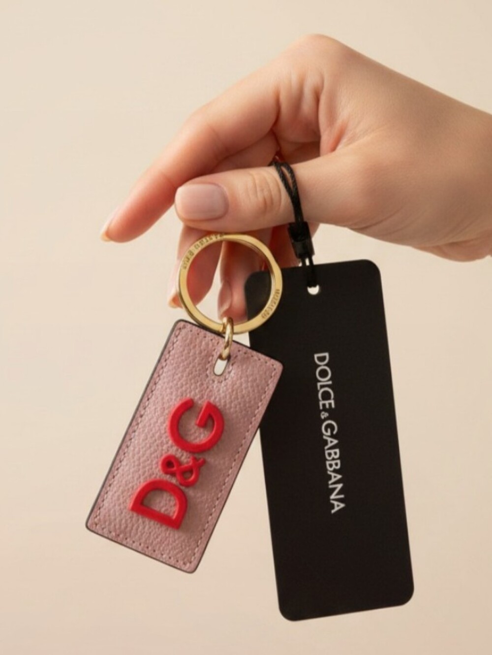 Dolce & Gabbana Pink Leather Tag Key Ring with Red D&G Logo